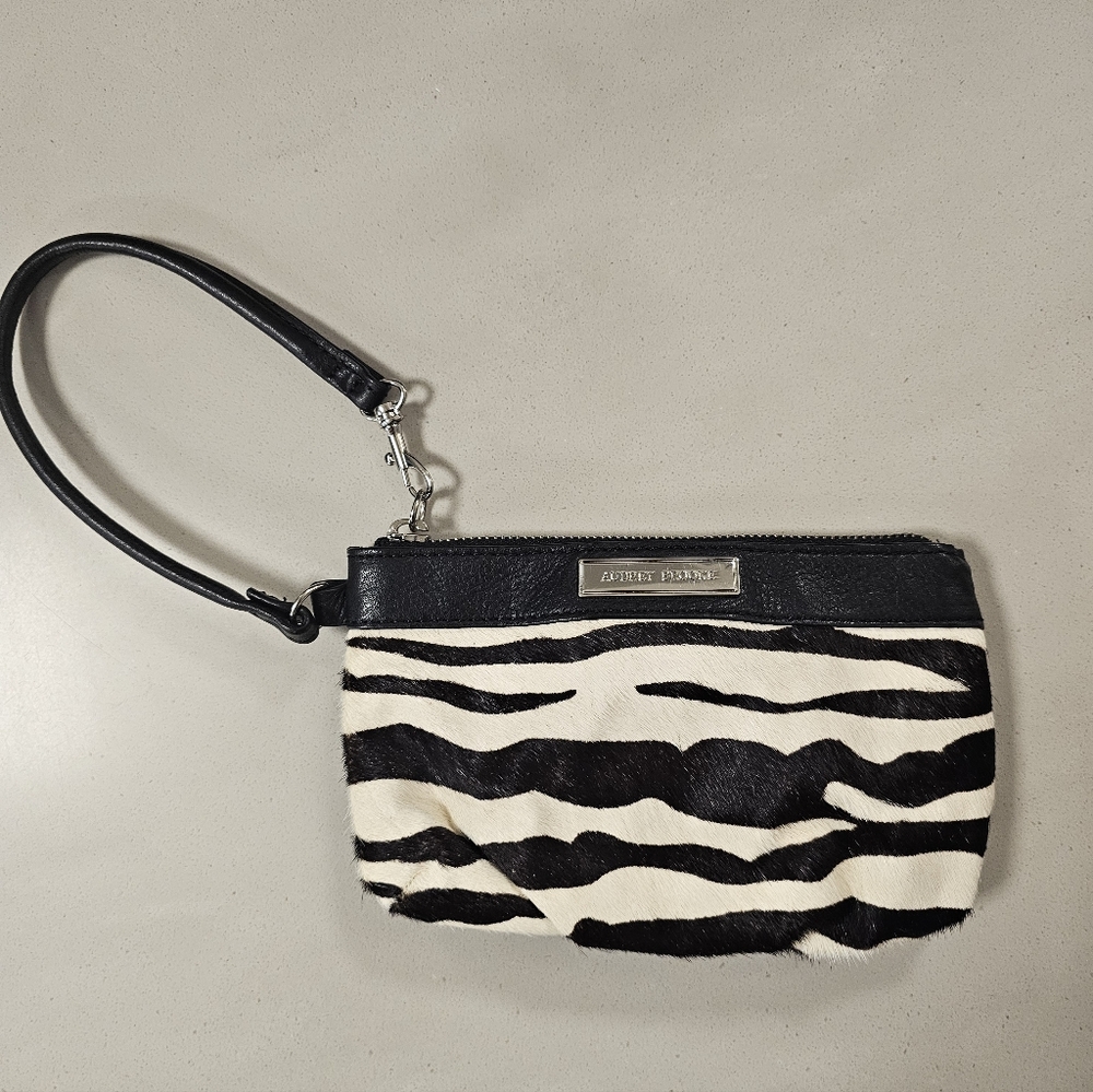 Audrey Brooke zebra print fur, leather wristlet.